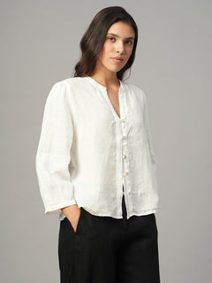 Women's White 100% Linen Regular Fit Blouse