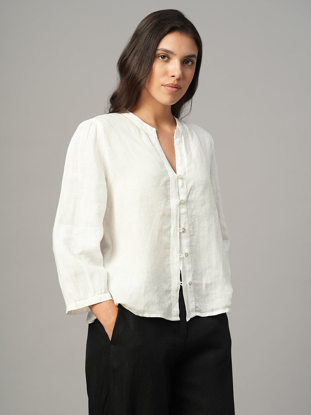 Women's White 100% Linen Regular Fit Blouse