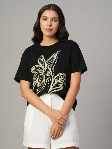 Women's Black 100% Organic Cotton Regular Fit Tshirt