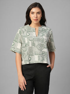 Women's Green Linen Cotton Regular Fit Blouse