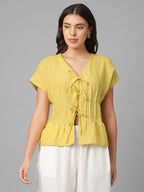 Women's Mustard 100% Linen Regular Fit Blouse