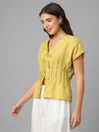 Women's Mustard 100% Linen Regular Fit Blouse