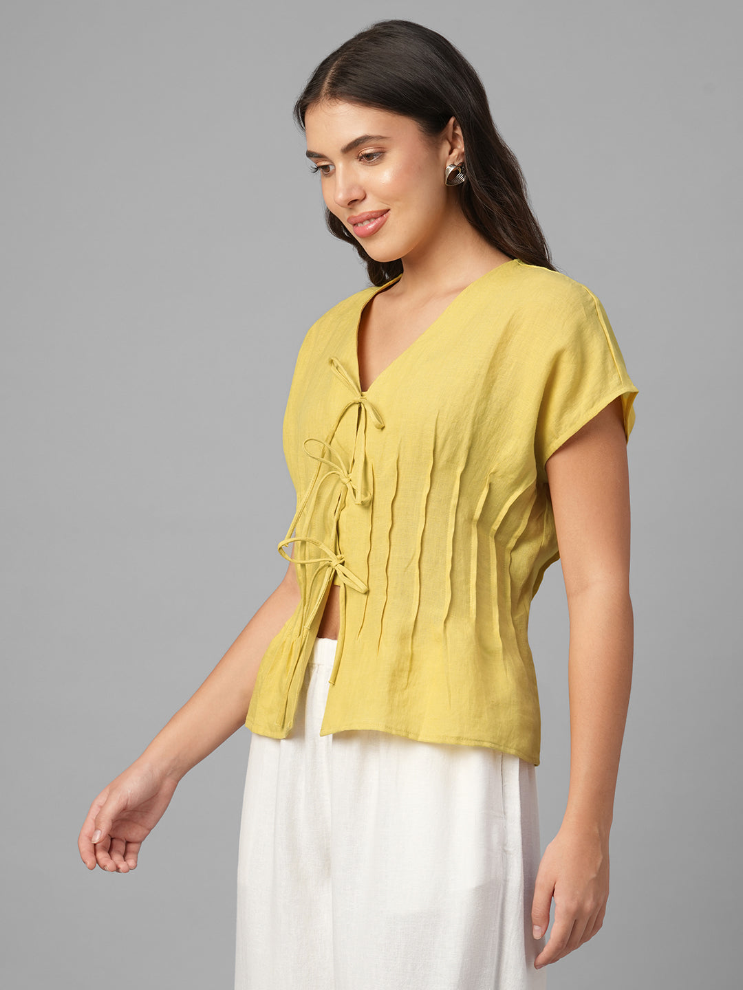 Women's Mustard 100% Linen Regular Fit Blouse