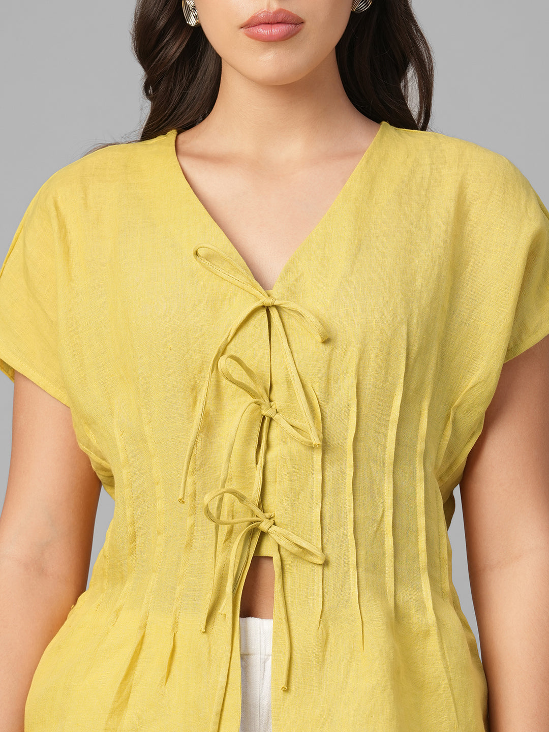 Women's Mustard 100% Linen Regular Fit Blouse