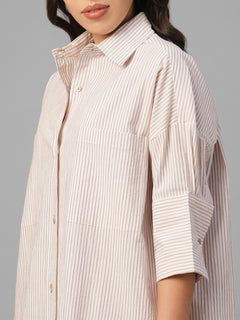 Women's Off White / Wine Cotton Lycra Boxy Fit Dress