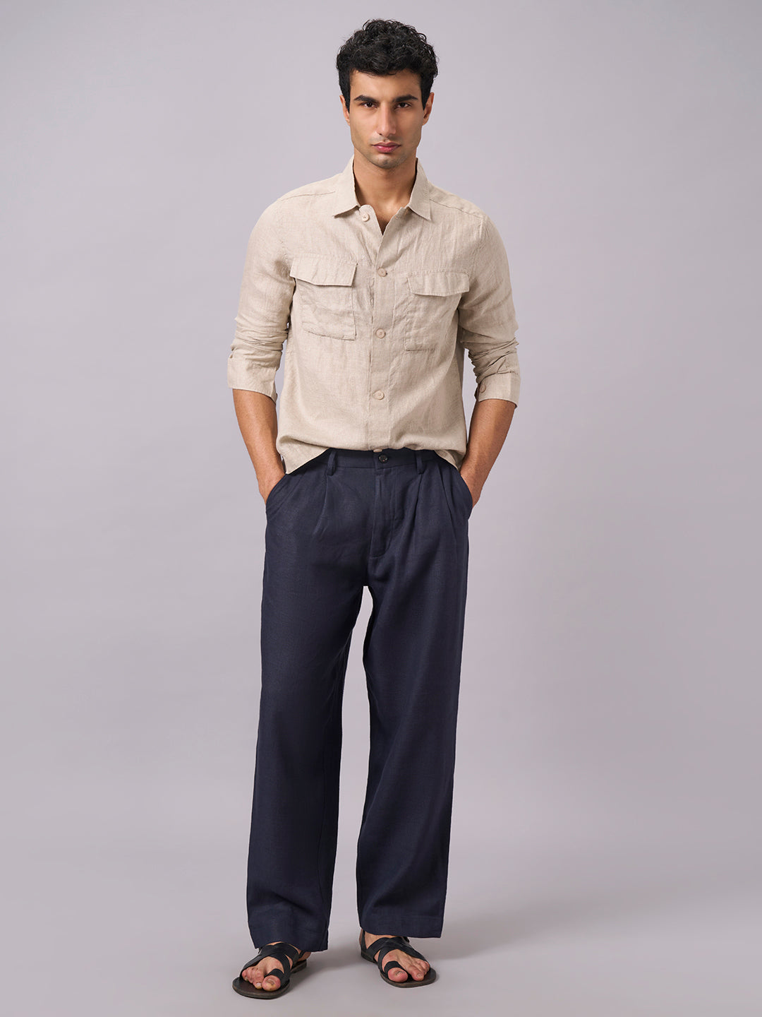 Men's Navy 100% Linen Loose Fit Pant