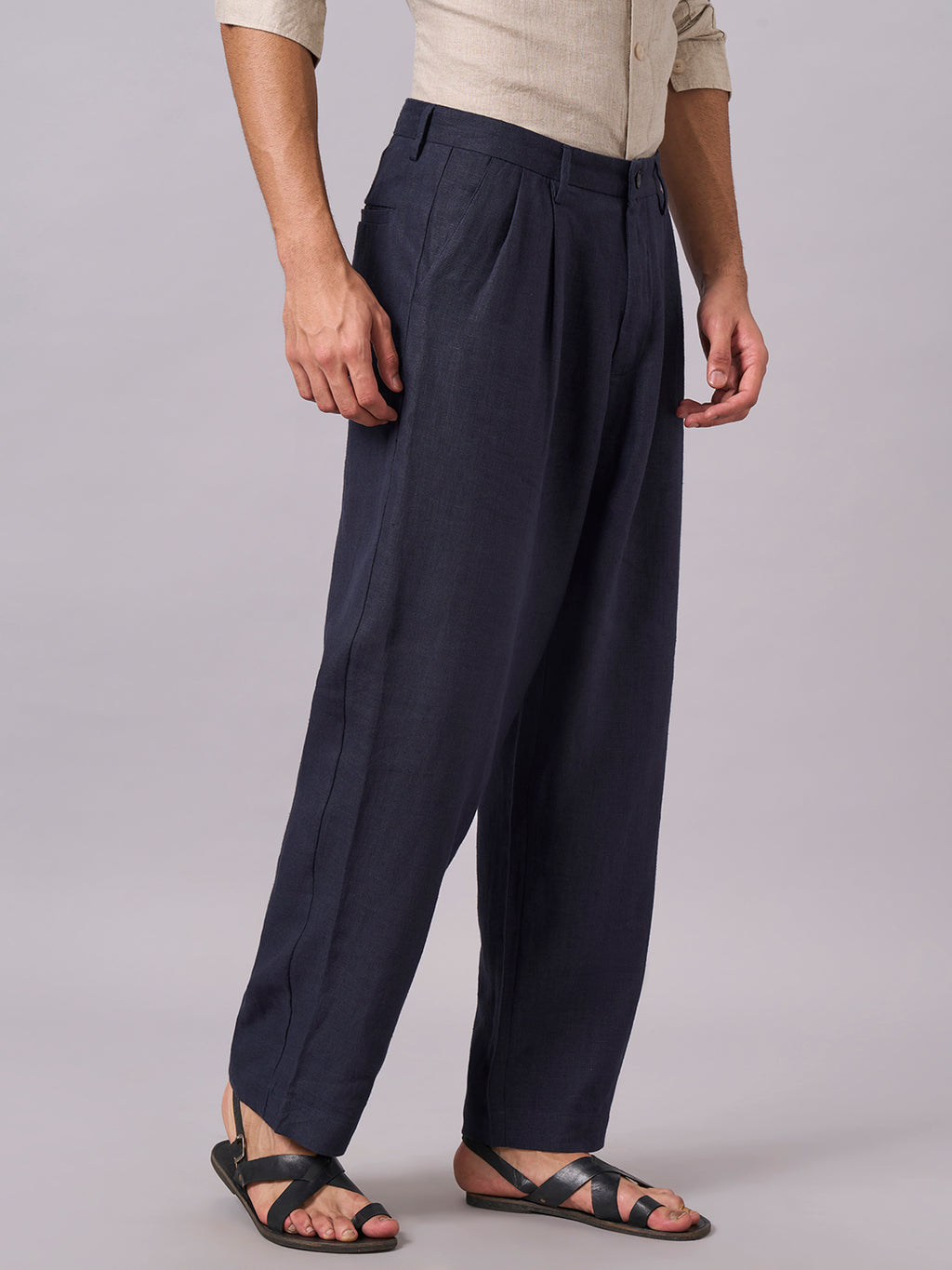 Men's Navy 100% Linen Loose Fit Pant