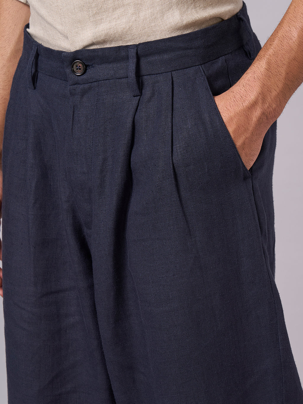 Men's Navy 100% Linen Loose Fit Pant