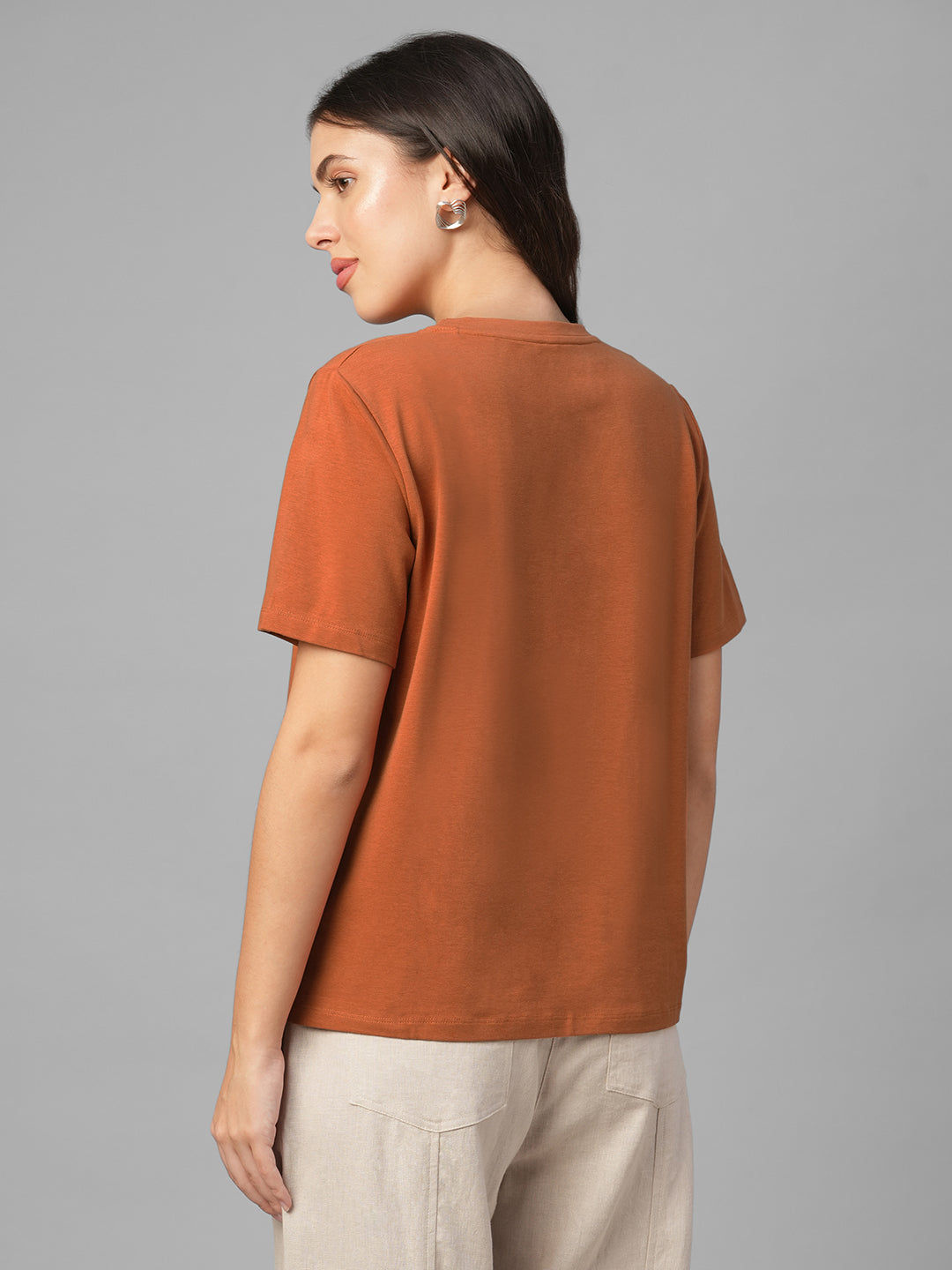 Women's Rust Cotton Bamboo Elastane Regular Fit Tshirt