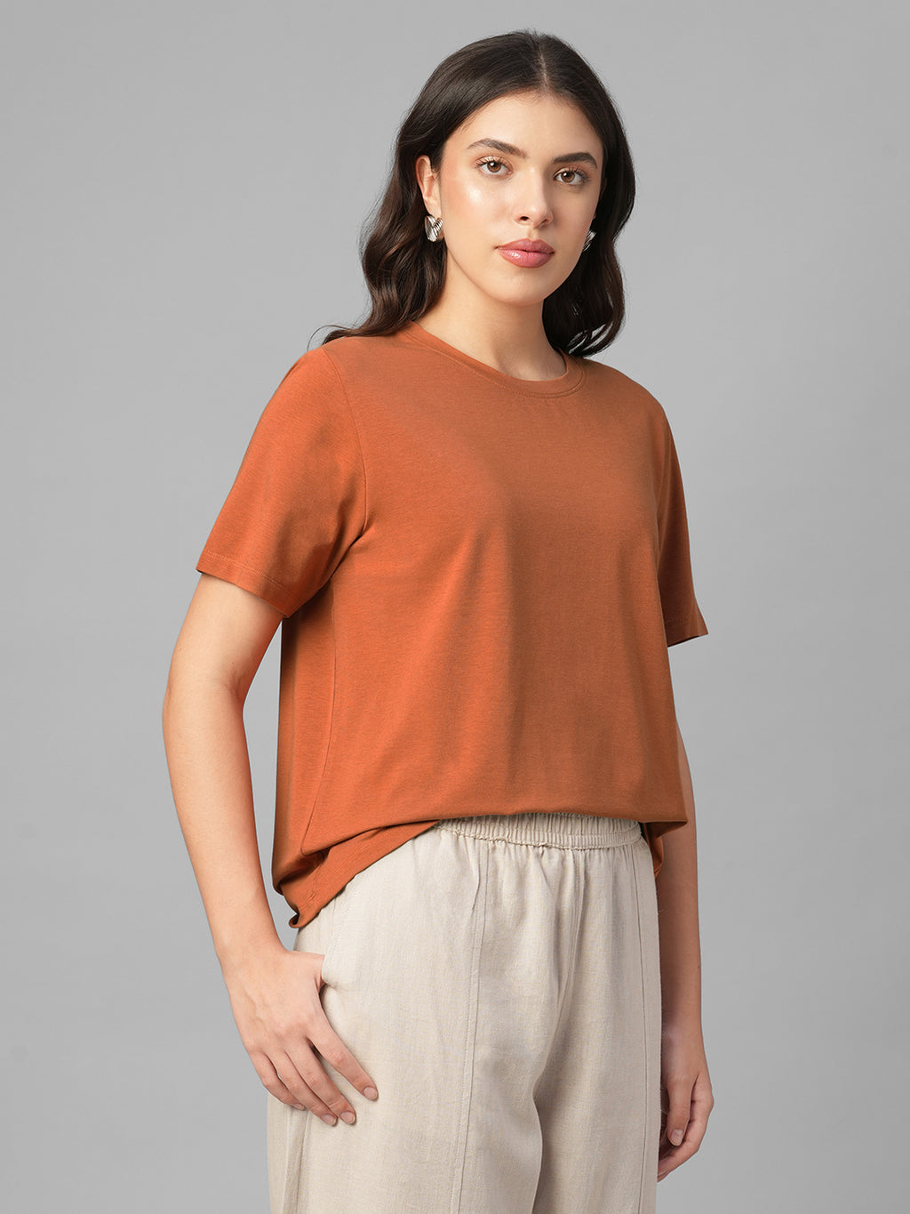 Women's Rust Cotton Bamboo Elastane Regular Fit Tshirt