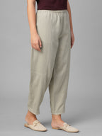 Women's Beige Linen Viscose Barrel Leg Pant
