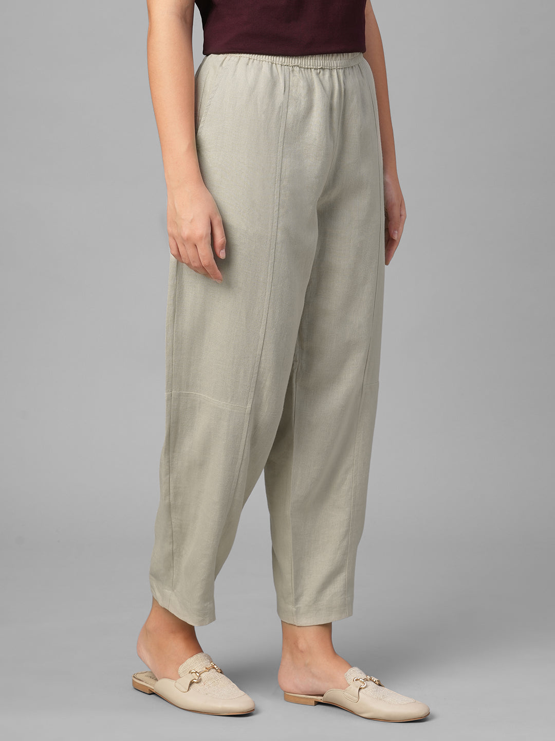 Women's Beige Linen Viscose Barrel Leg Pant