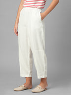 Women's White Linen Viscose Barrel Leg Pant