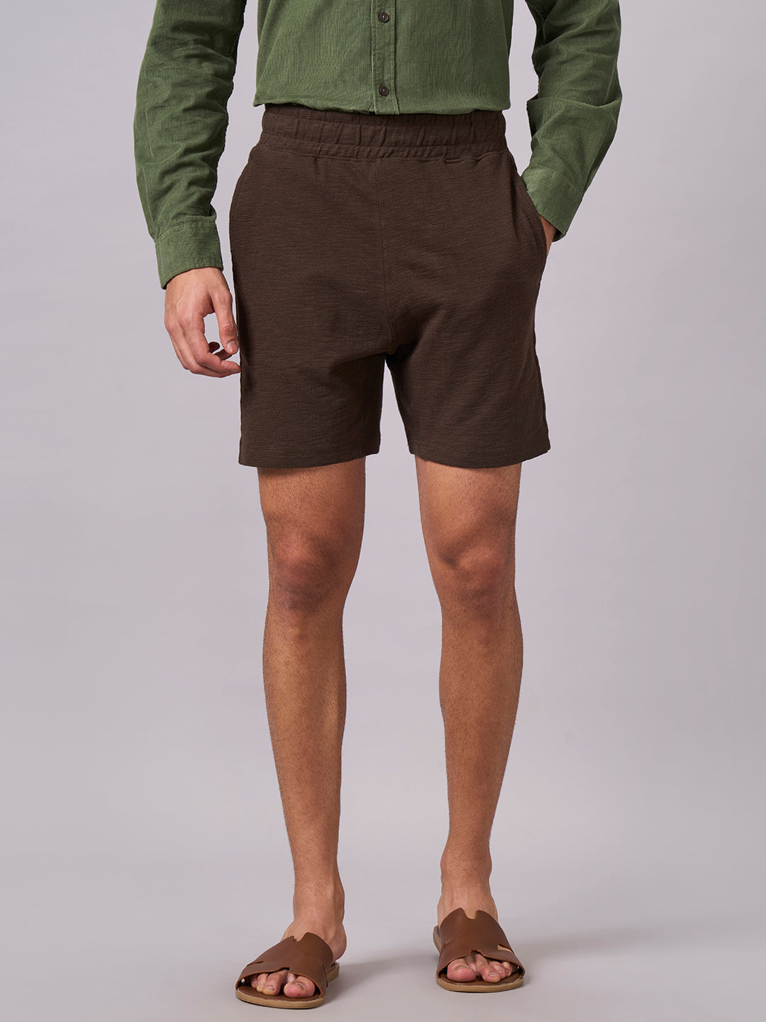 Men's Brown 100% Organic Cotton Regular Fit Knit Shorts