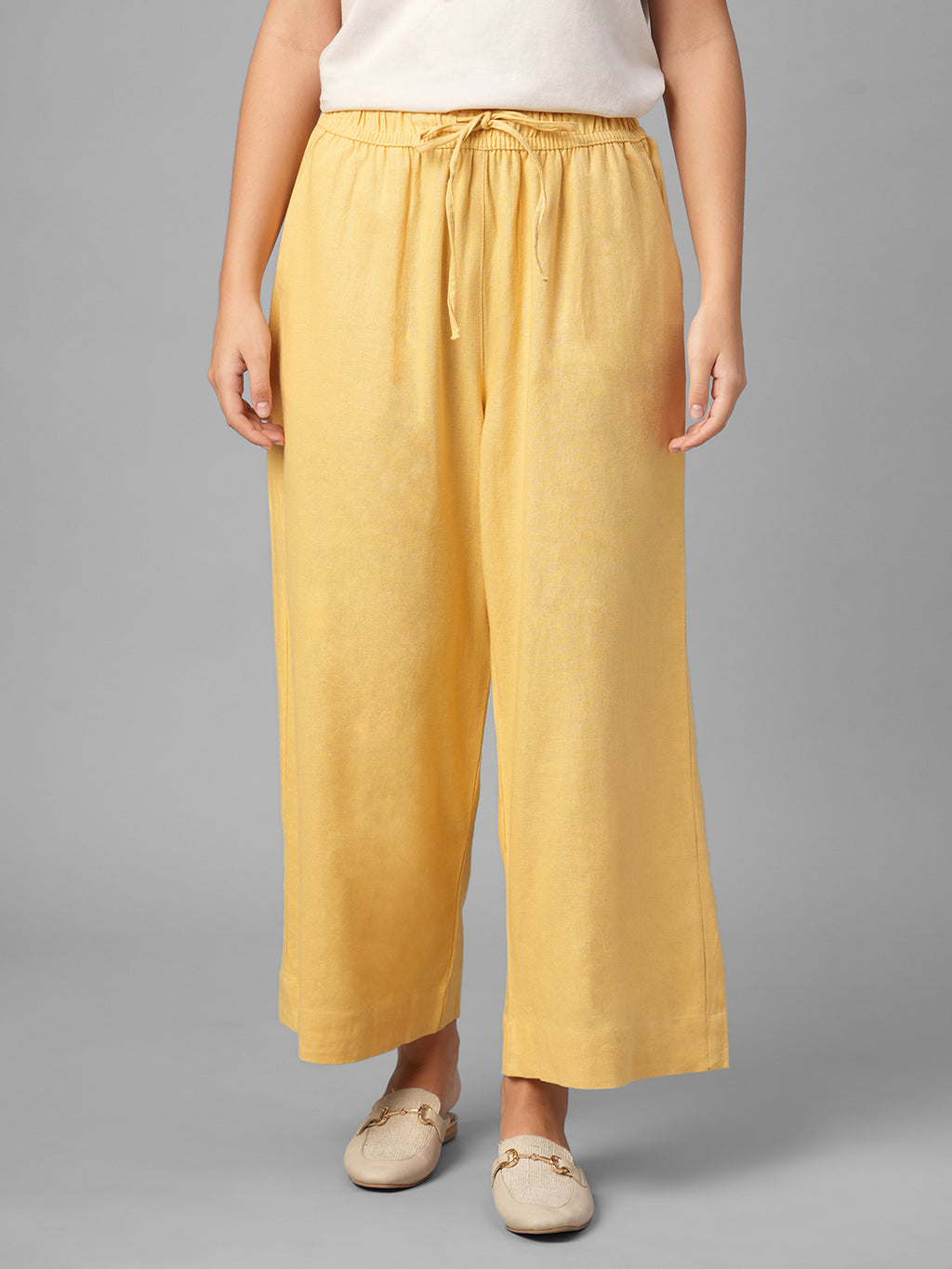 Women's Yellow Linen Viscose Regular Fit Pant