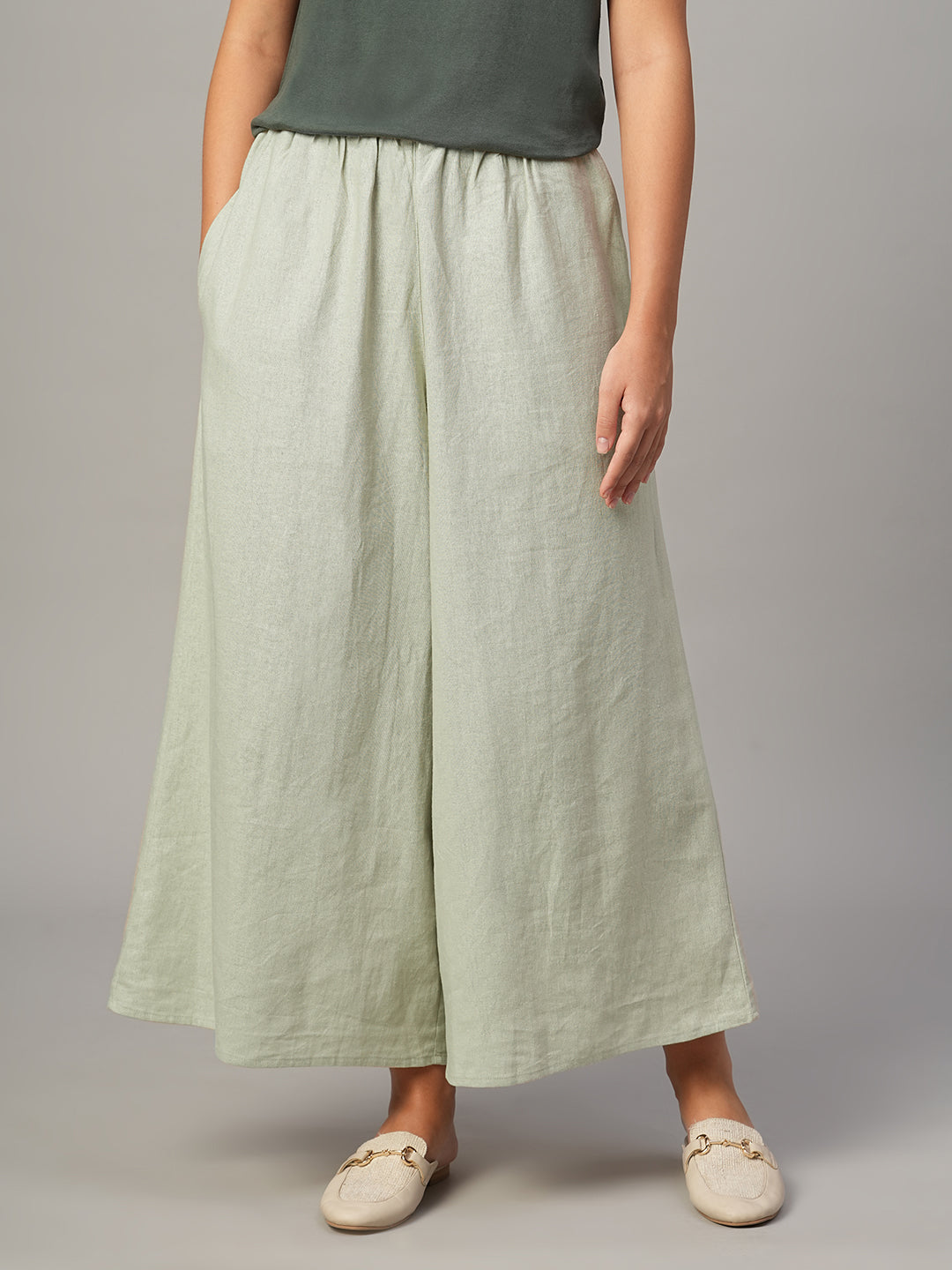 Women's Khaki Linen Viscose Regular Fit Culotte