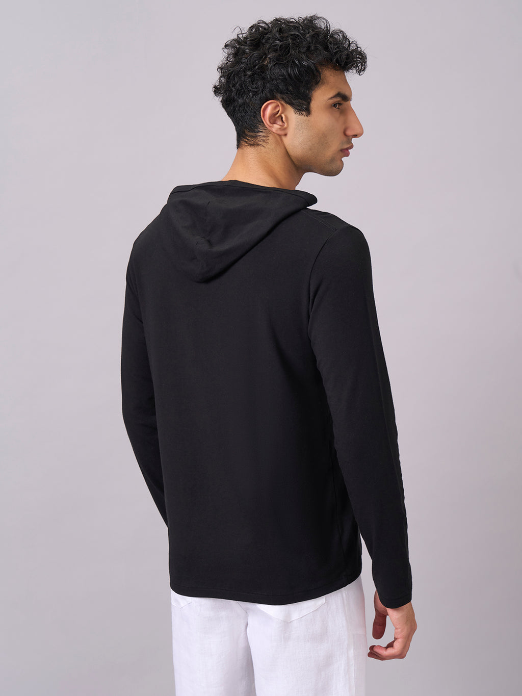 Men's Cotton Bamboo Elastane Full Sleeve Hooded Regular Fit Tshirt Black
