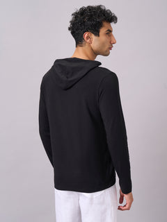Men’s Cotton Bamboo Elastane Regular Fit Full Sleeve Hooded T-Shirt Black