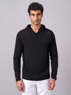 Men’s Cotton Bamboo Elastane Regular Fit Full Sleeve Hooded T-Shirt Black