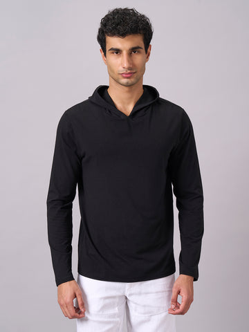 Men's Cotton Bamboo Elastane Full Sleeve Hooded Regular Fit Tshirt Black