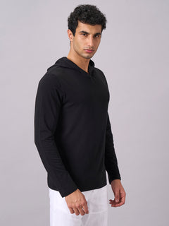 Men’s Cotton Bamboo Elastane Regular Fit Full Sleeve Hooded T-Shirt Black