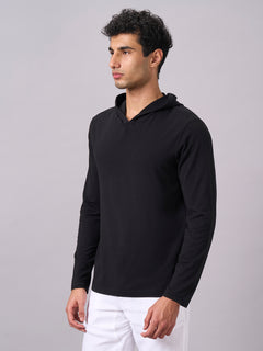 Men’s Cotton Bamboo Elastane Regular Fit Full Sleeve Hooded T-Shirt Black