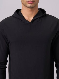 Men’s Cotton Bamboo Elastane Regular Fit Full Sleeve Hooded T-Shirt Black