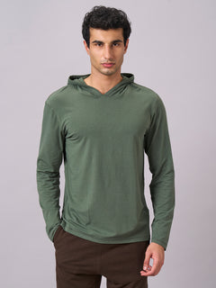 Men’s Cotton Bamboo Elastane Regular Fit Full Sleeve Hooded T-Shirt Olive