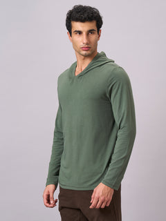 Men’s Cotton Bamboo Elastane Regular Fit Full Sleeve Hooded T-Shirt Olive