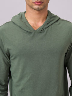 Men’s Cotton Bamboo Elastane Regular Fit Full Sleeve Hooded T-Shirt Olive