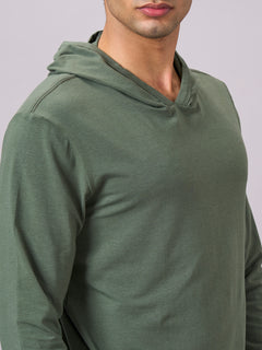 Men’s Cotton Bamboo Elastane Regular Fit Full Sleeve Hooded T-Shirt Olive