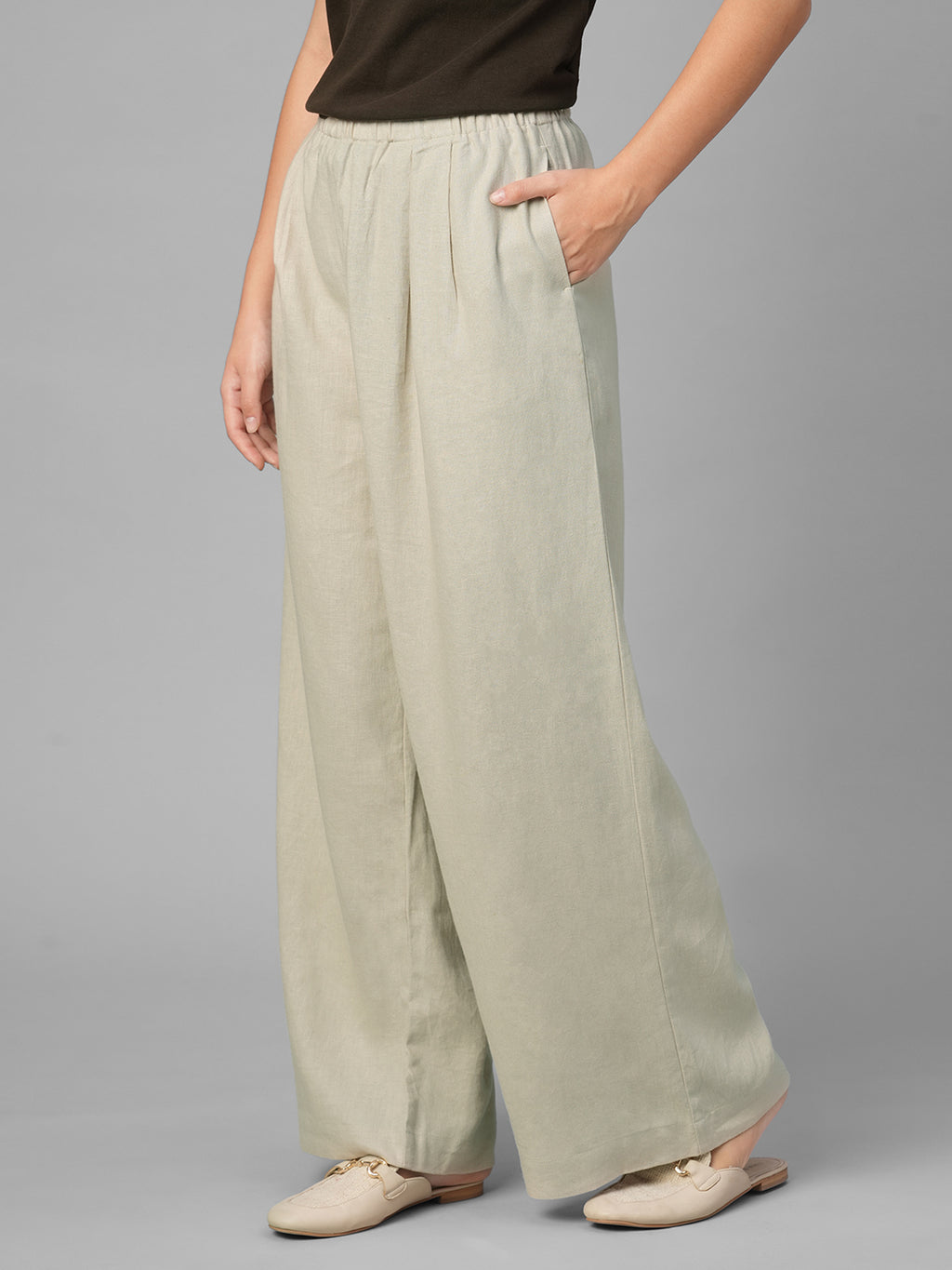 Women's Beige Linen Viscose Regular Fit Pant