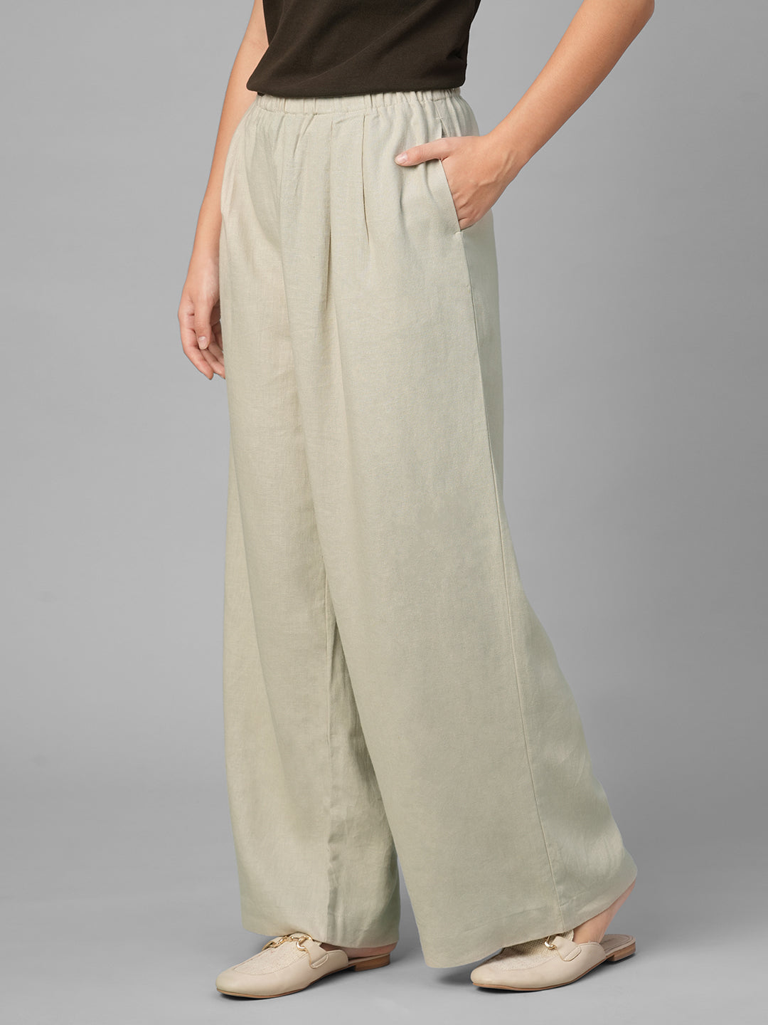 Women's Beige Linen Viscose Regular Fit Pant