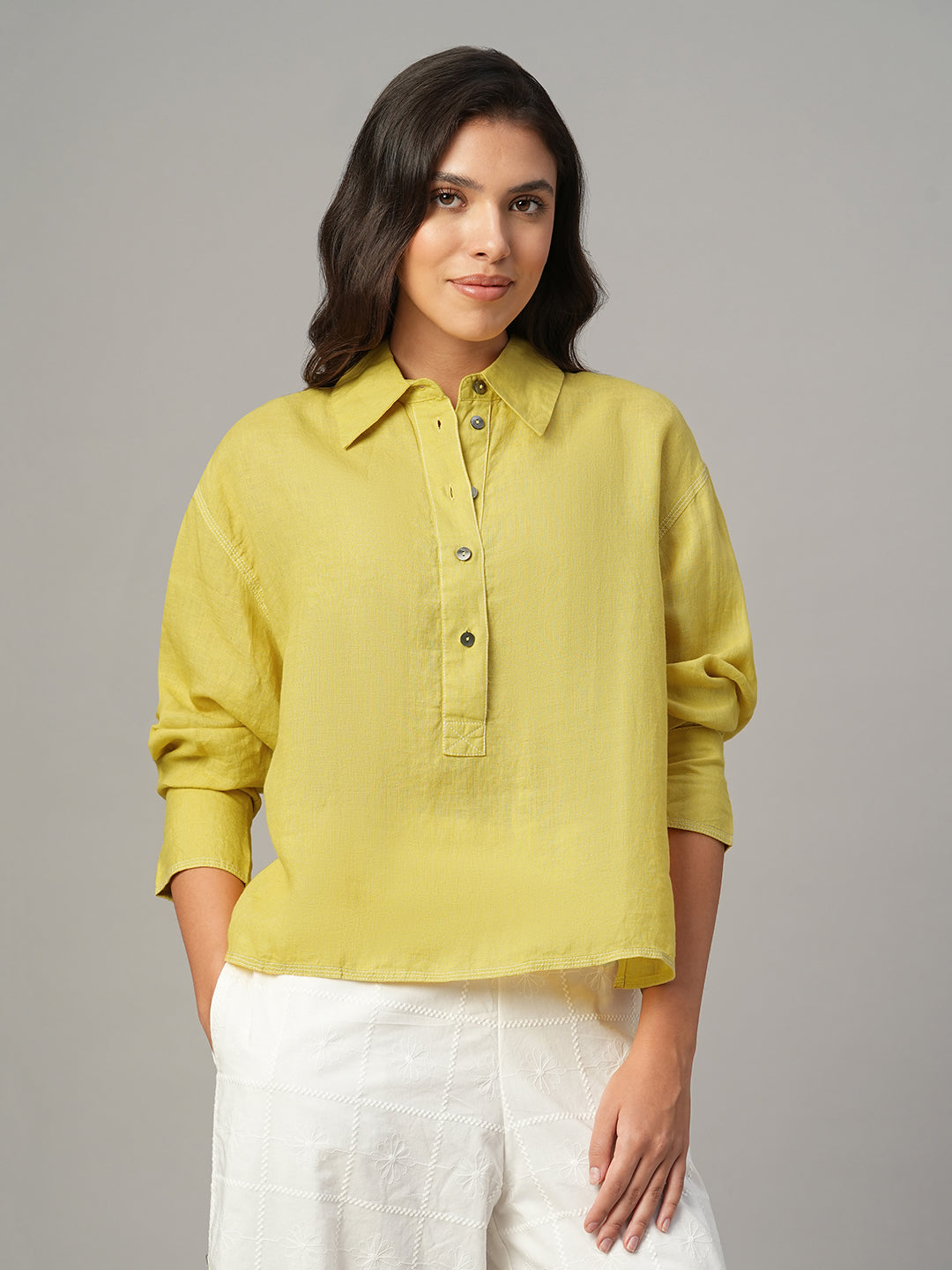 Women's Mustard 100% Linen Boxy Fit Blouse