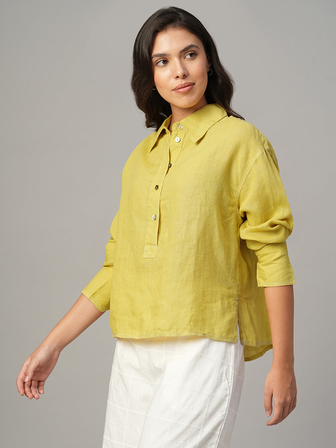 Women's Mustard 100% Linen Boxy Fit Blouse