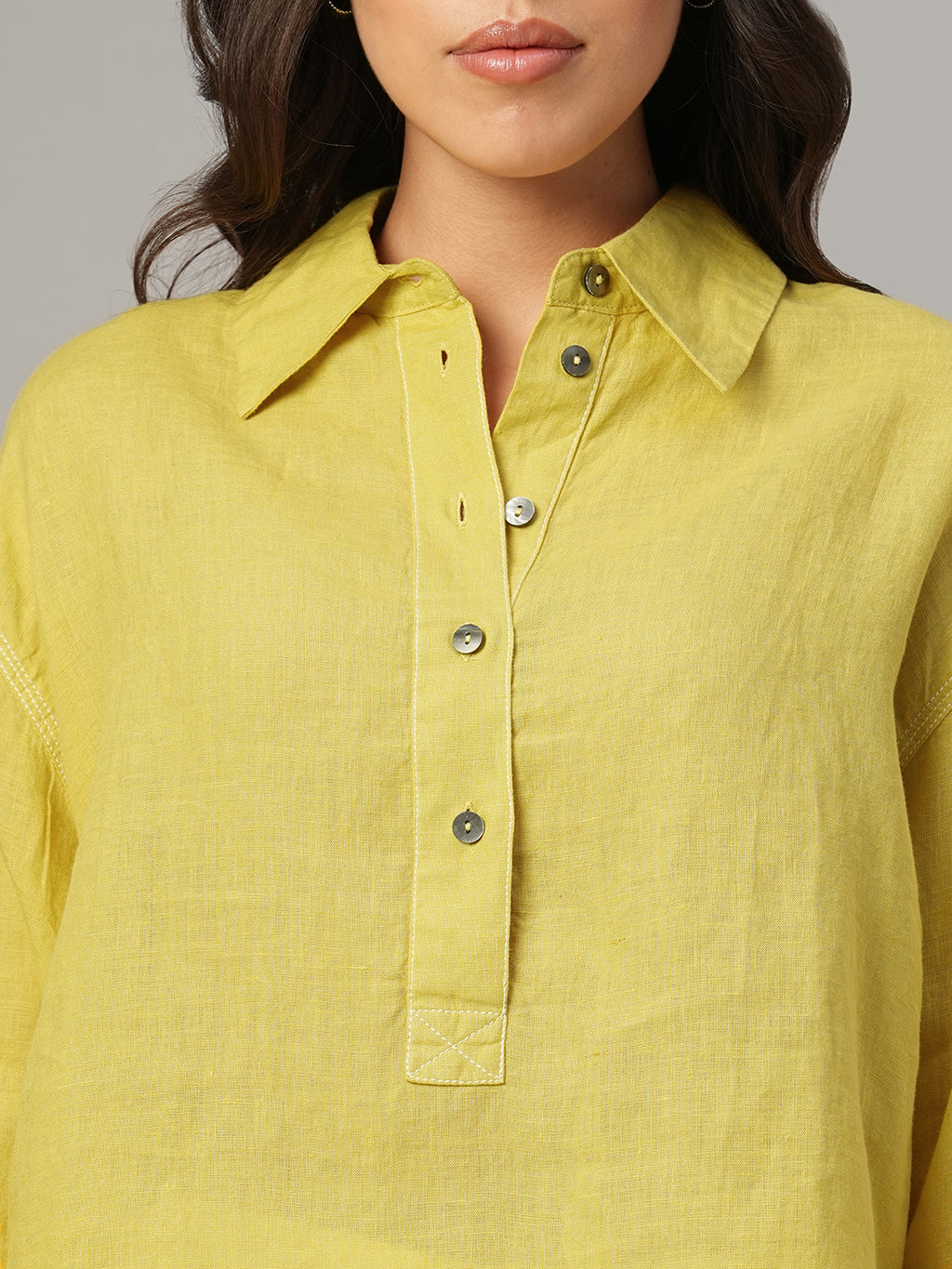 Women's Mustard 100% Linen Boxy Fit Blouse