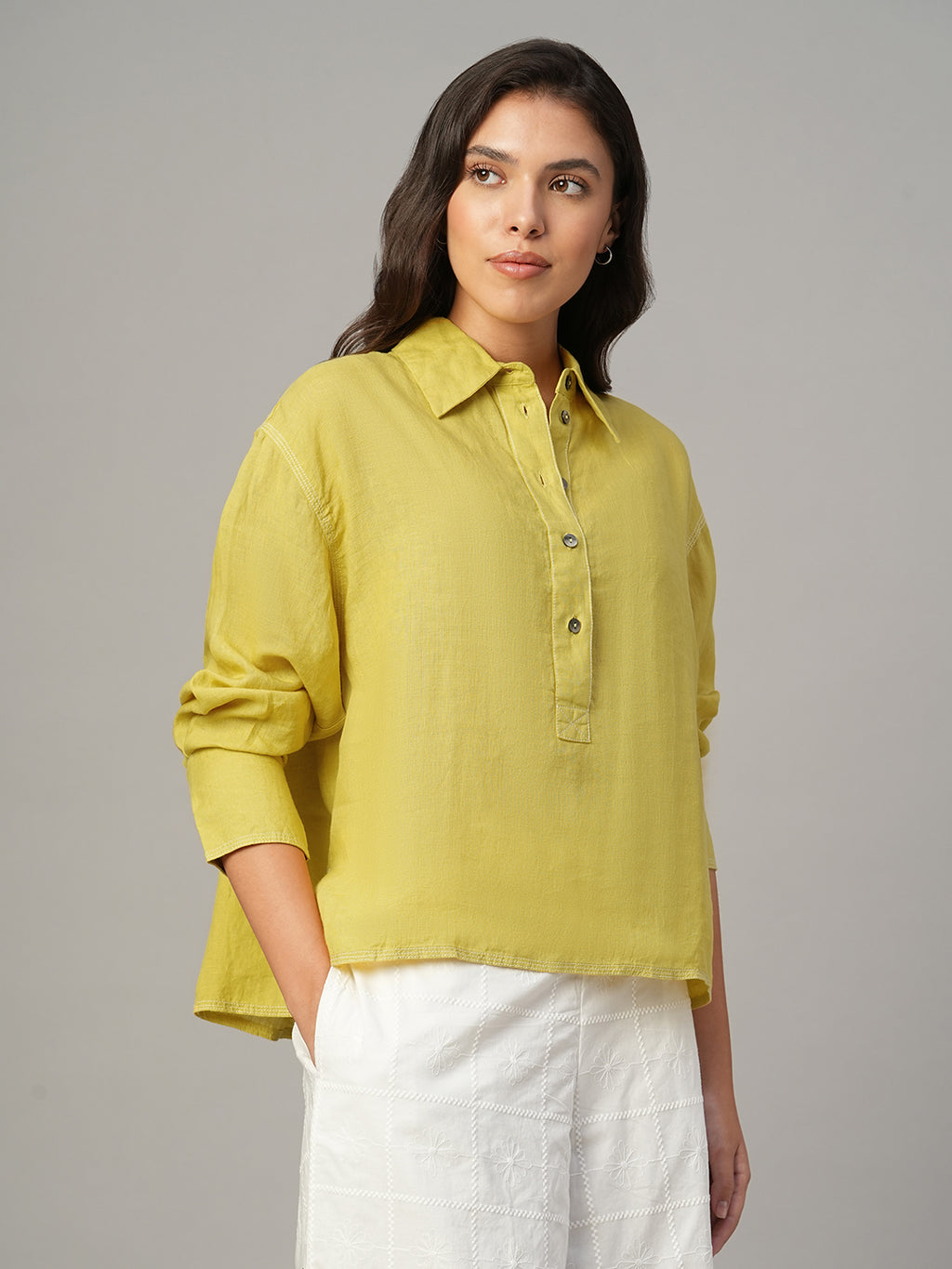 Women's Mustard 100% Linen Boxy Fit Blouse