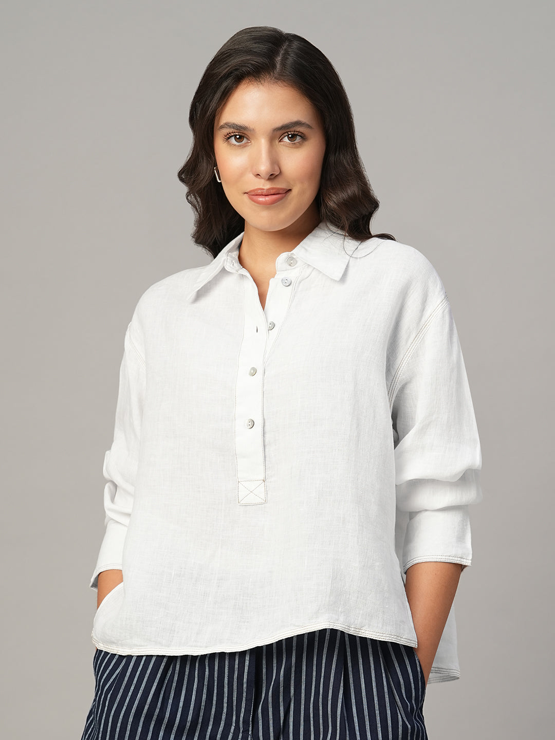 Women's White 100% Linen Boxy Fit Blouse
