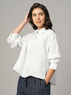 Women's White 100% Linen Boxy Fit Blouse