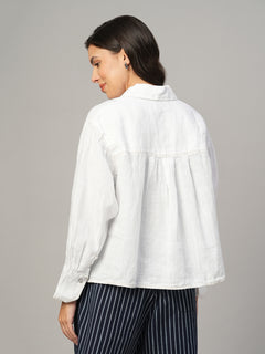 Women's White 100% Linen Boxy Fit Blouse
