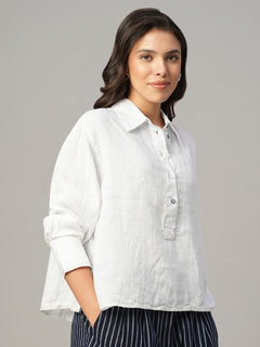 Women's White 100% Linen Boxy Fit Blouse