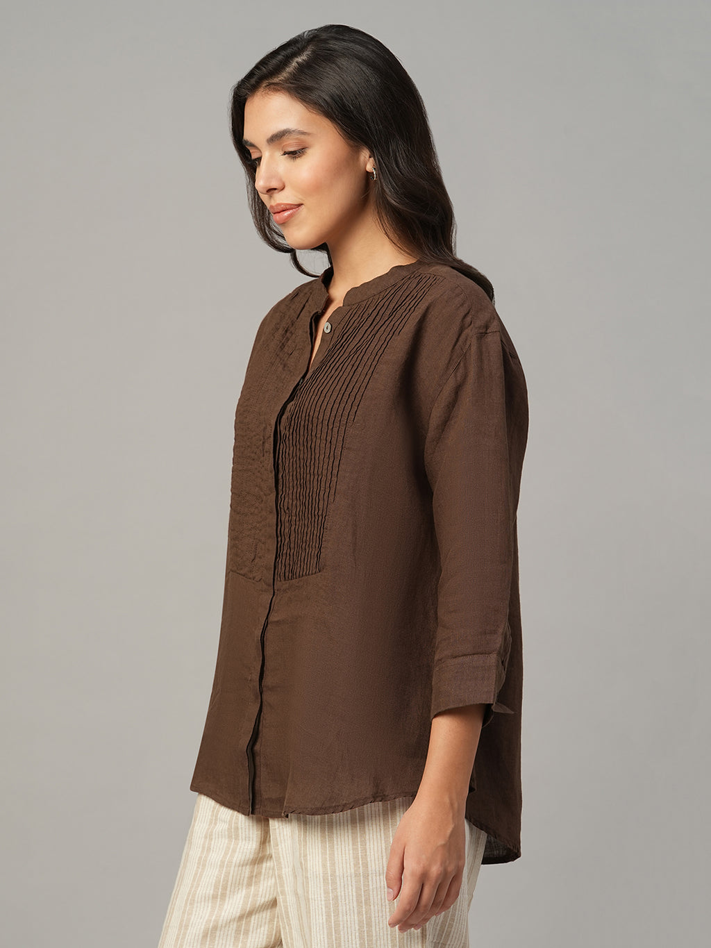 Women's Brown 100% Linen Regular Fit Blouse
