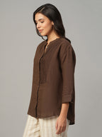Women's Brown 100% Linen Regular Fit Blouse