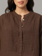 Women's Brown 100% Linen Regular Fit Blouse