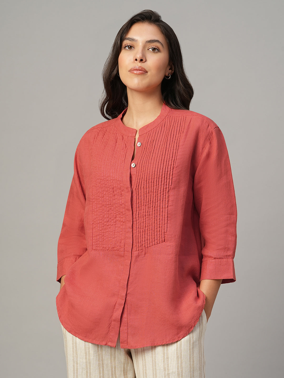Women's Red 100% Linen Regular Fit Blouse