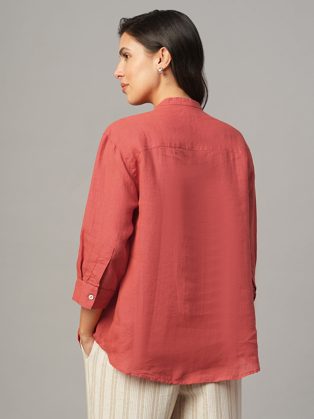 Women's Red 100% Linen Regular Fit Blouse