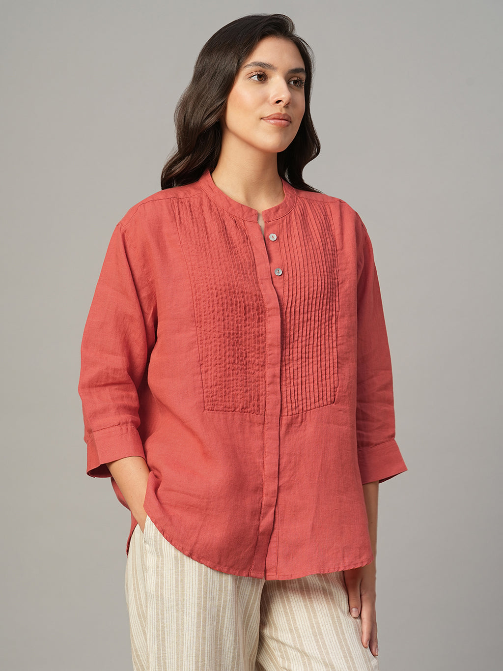 Women's Red 100% Linen Regular Fit Blouse