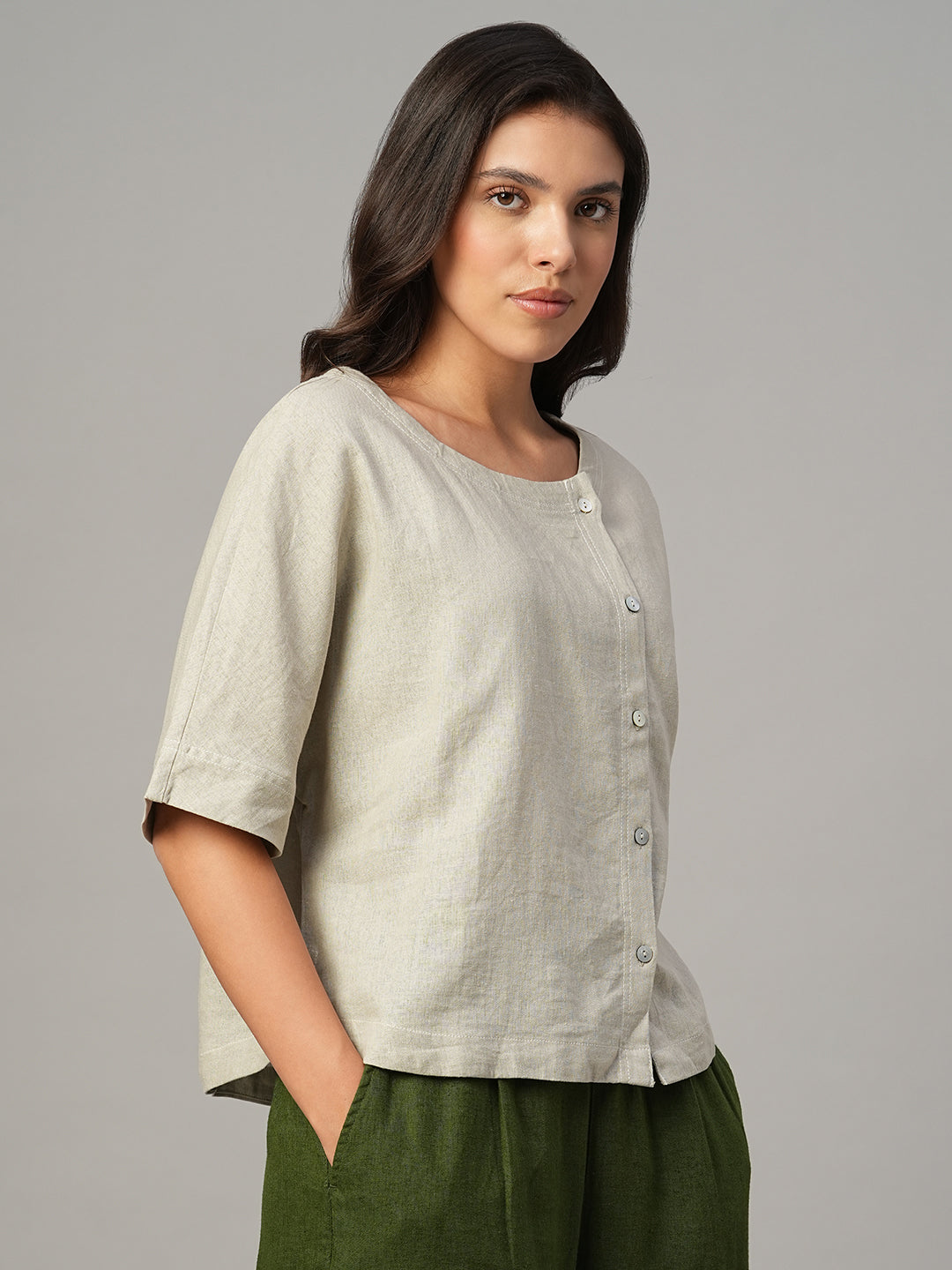 Women's Khaki Linen Viscose Regular Fit Blouse