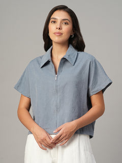 Women's Grey 100% Cotton Regular Fit Blouse
