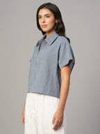 Women's Grey 100% Cotton Regular Fit Blouse